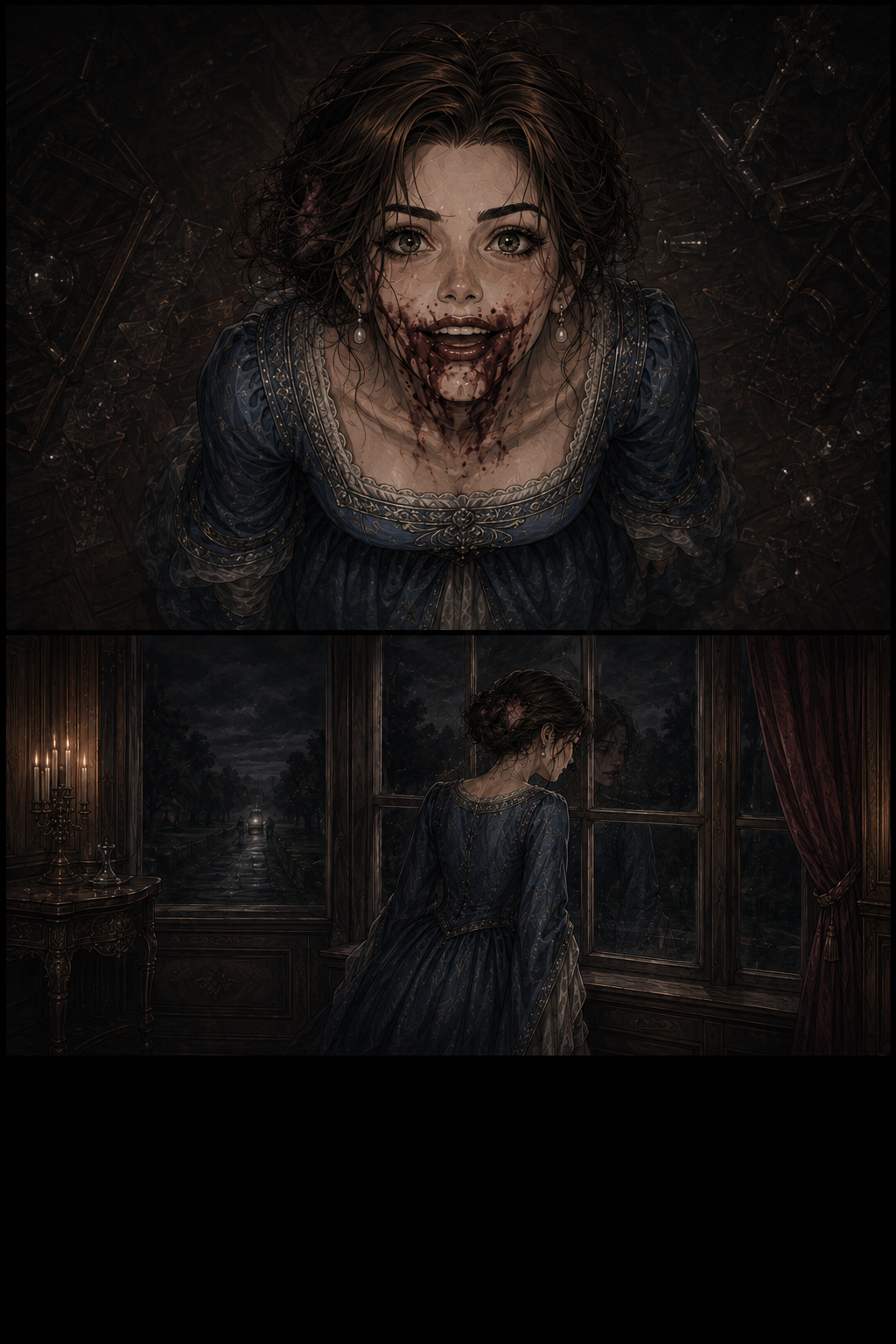 입가가 피로 젖은 마리가 천장의 카메라를 희열에 찬 얼굴로 올려다보고, 이어 창가에서 밤길을 바라본다.